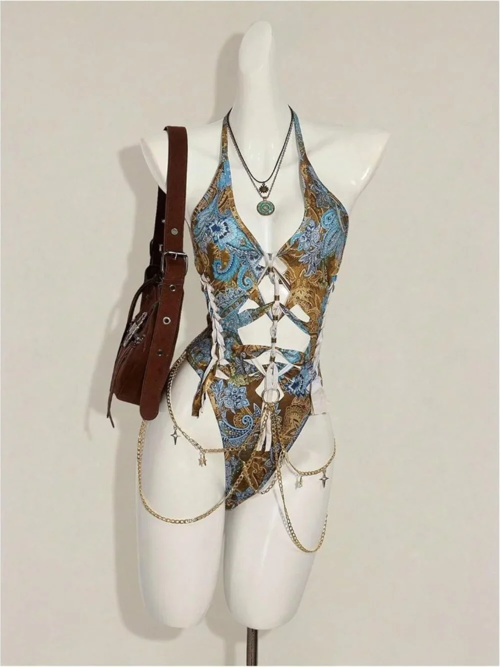 Women's Blue Gothic Cut Out Lace Up Bodysuit Going Out Halter Neck Rave